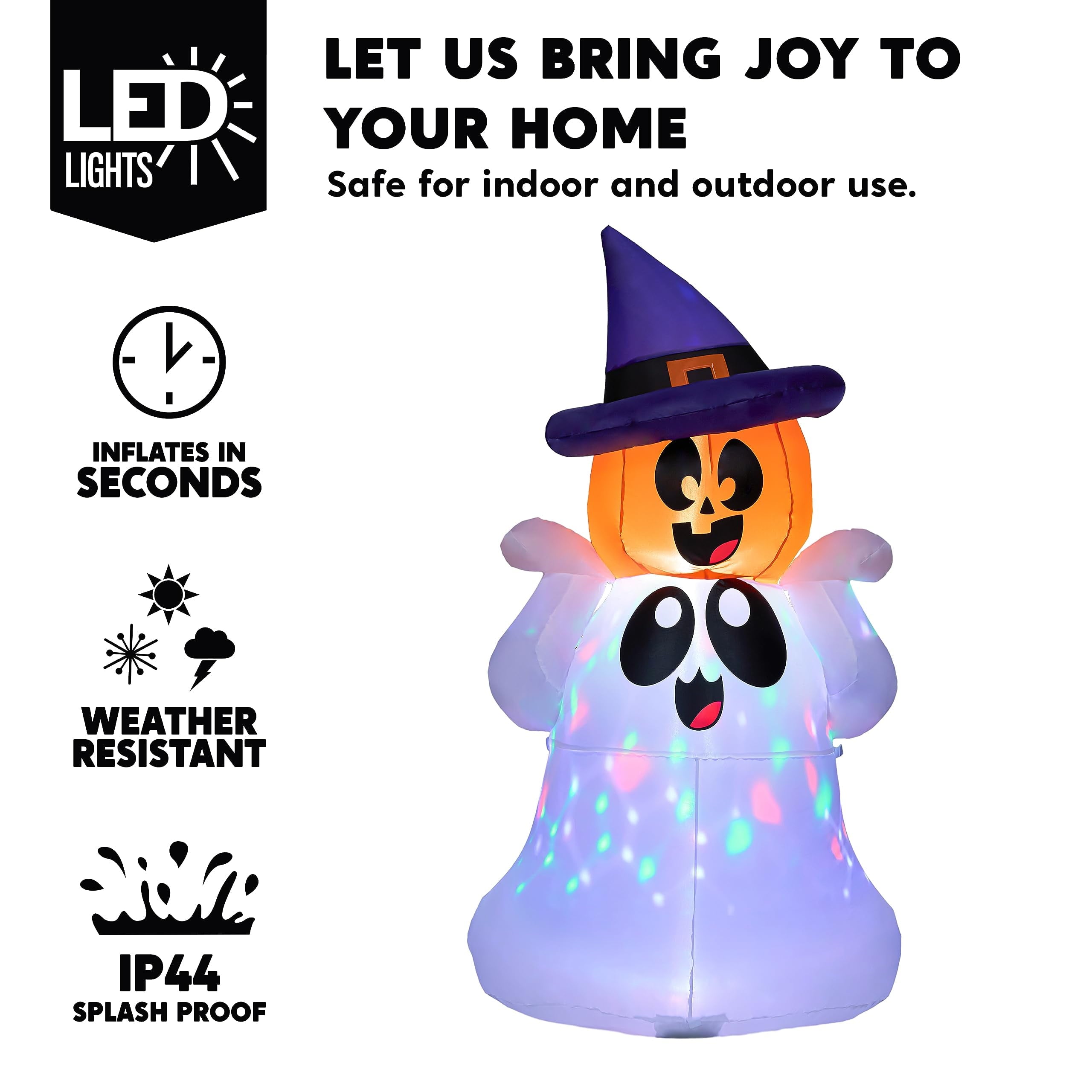 5 FT Halloween Inflatable Pumpkin Ghost with Colorful LED Lights,Halloween Blow up Cute Decor for Indoor Outdoor Holiday Yard Decoration