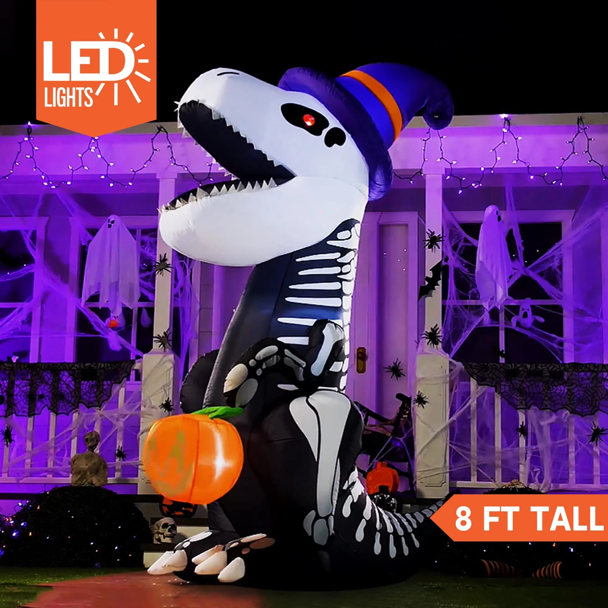 8 FT Halloween Inflatable Skeleton Dinosaur with Build-In Leds Pumpkin Decorations,Halloween Outdoor Decorations Blow up Yard Decorations