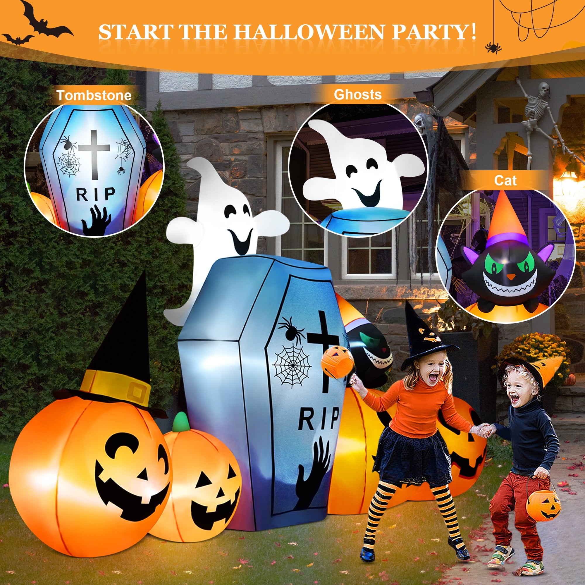 9.5Ft Halloween Inflatable Pumpkins Outdoor Decor with Black Cat Tombstone and Spectre,Built-In LED Lights,For Halloween Party,Yard,Garden,Lawn