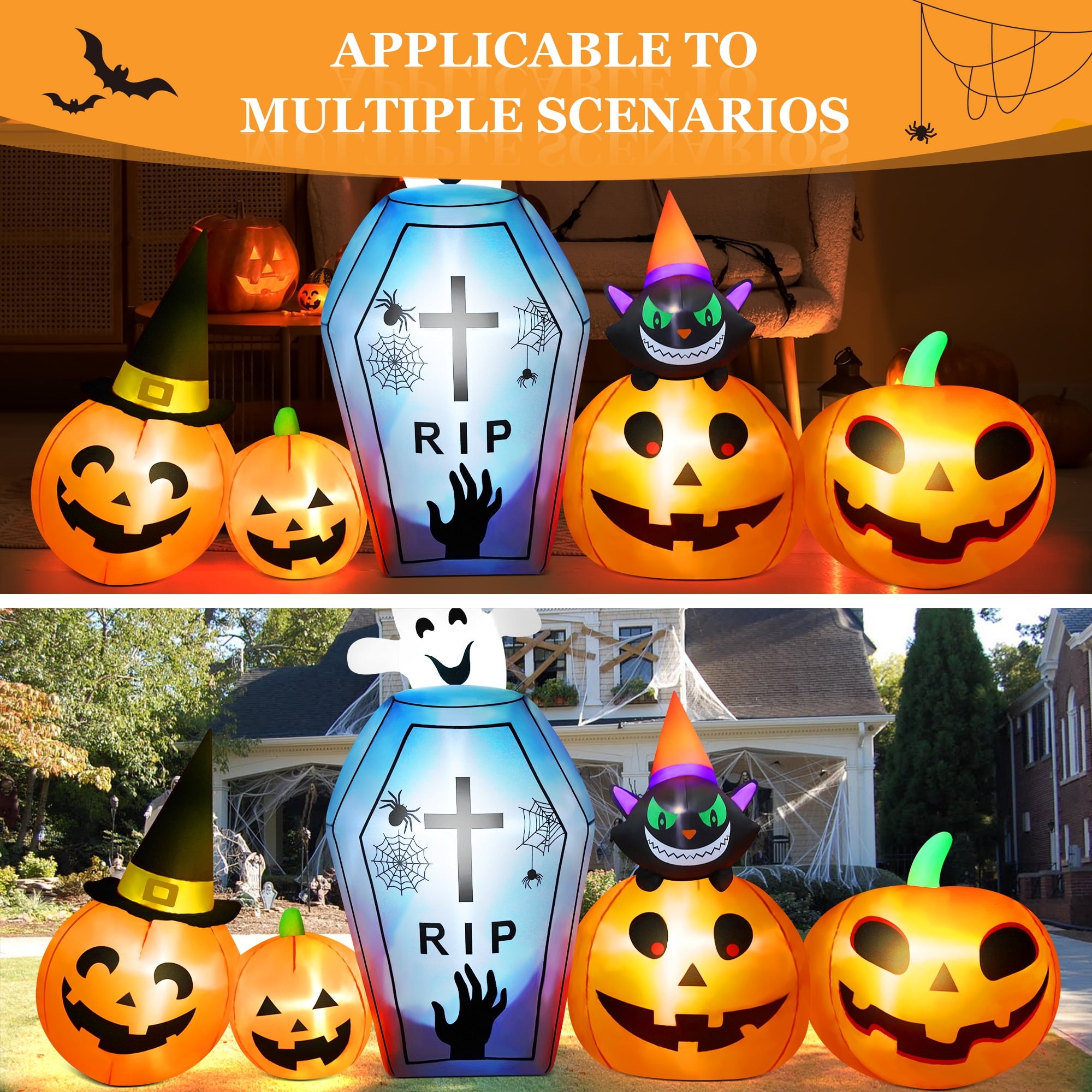 9.5Ft Halloween Inflatable Pumpkins Outdoor Decor with Black Cat Tombstone and Spectre,Built-In LED Lights,For Halloween Party,Yard,Garden,Lawn