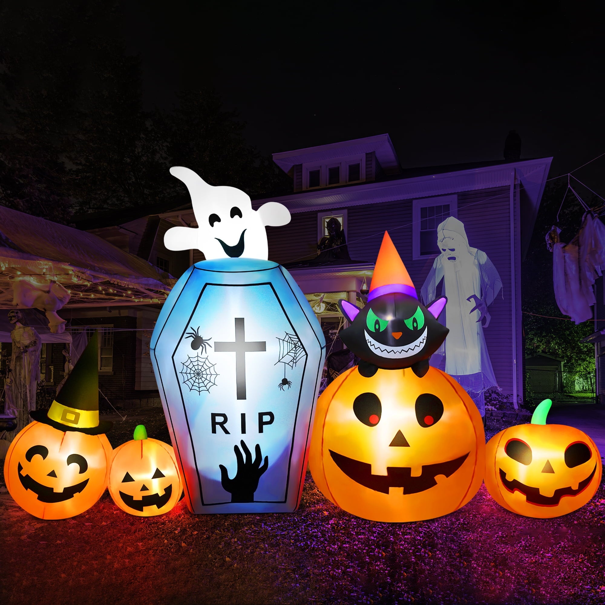 9.5Ft Halloween Inflatable Pumpkins Outdoor Decor with Black Cat Tombstone and Spectre,Built-In LED Lights,For Halloween Party,Yard,Garden,Lawn