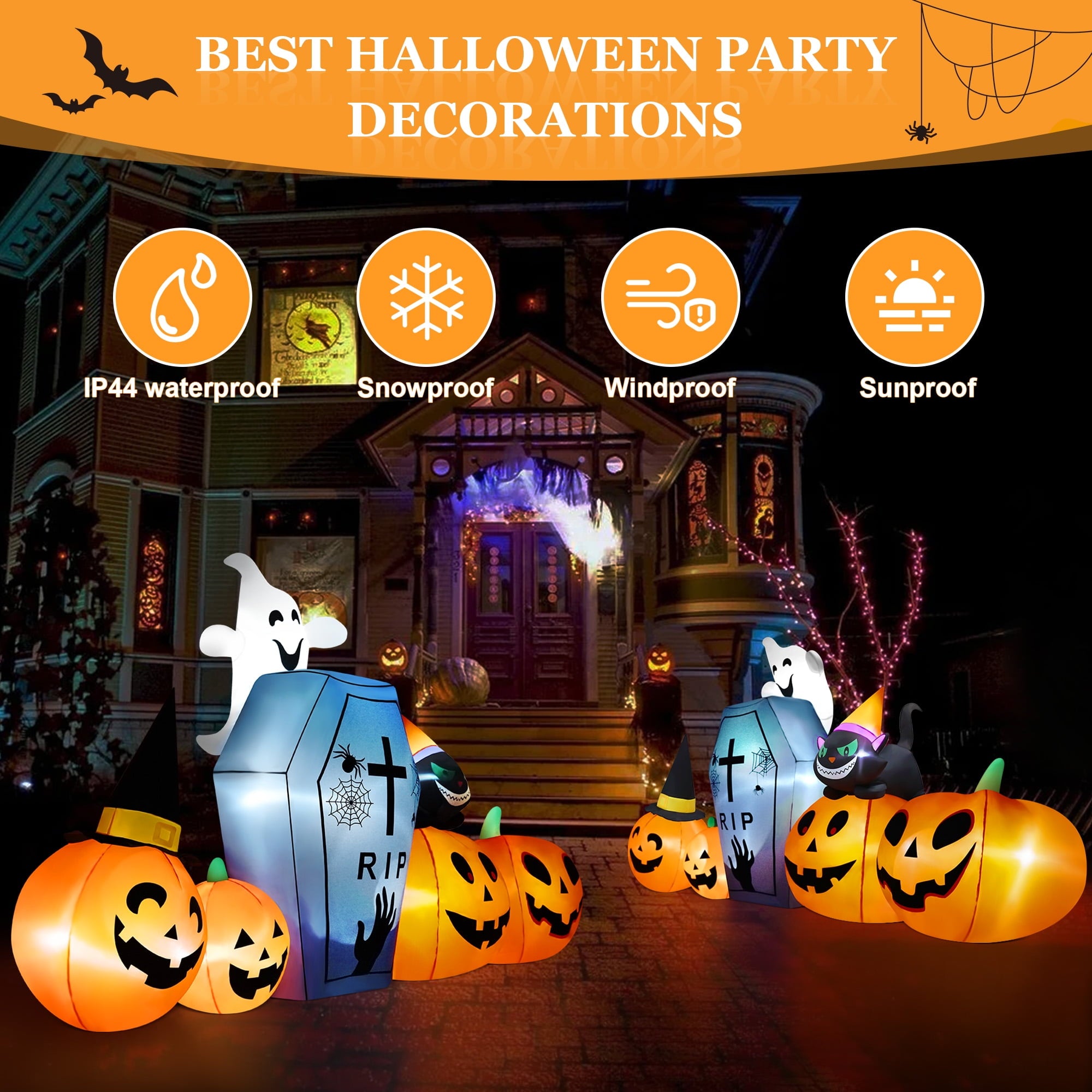 9.5Ft Halloween Inflatable Pumpkins Outdoor Decor with Black Cat Tombstone and Spectre,Built-In LED Lights,For Halloween Party,Yard,Garden,Lawn