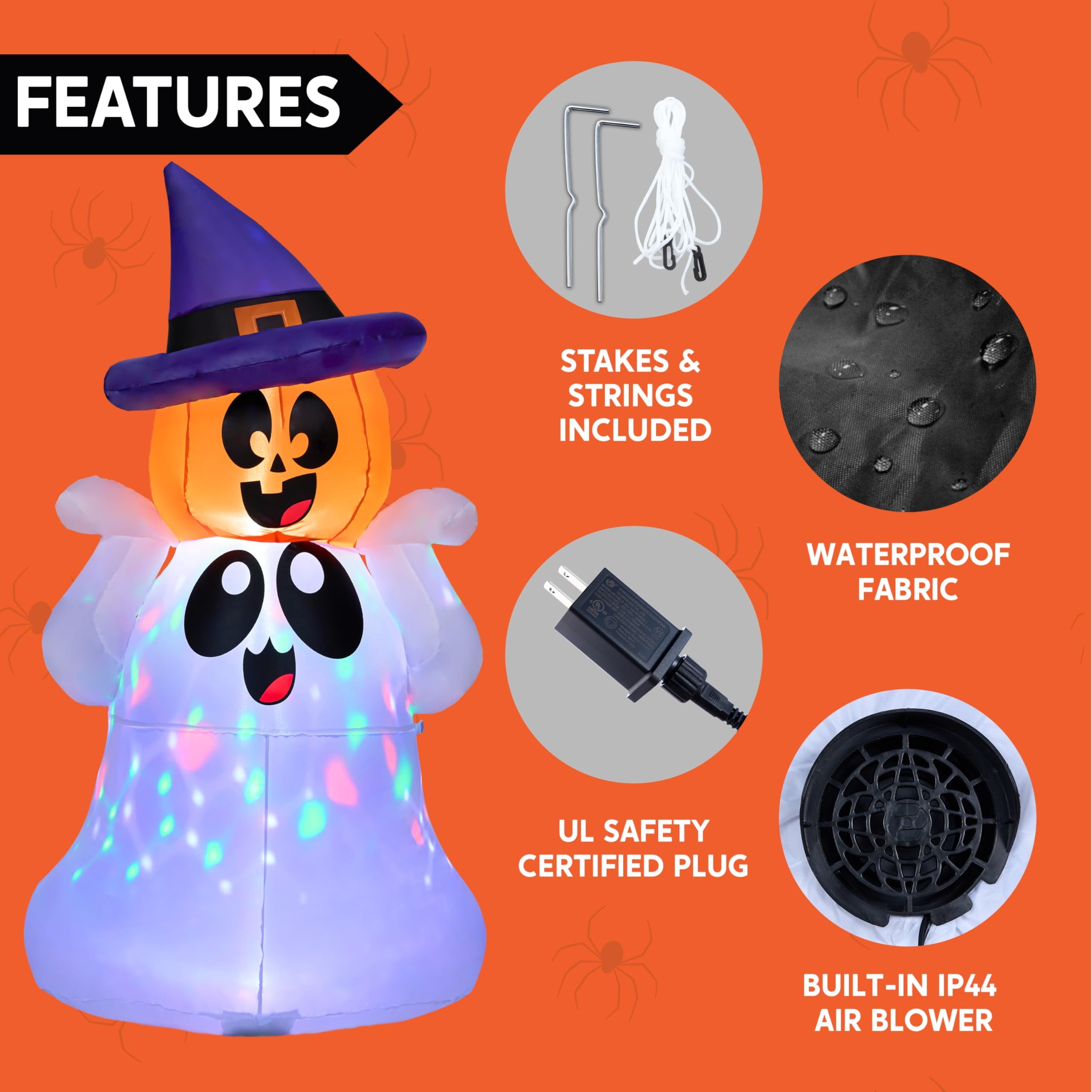5 FT Halloween Inflatable Pumpkin Ghost with Colorful LED Lights,Halloween Blow up Cute Decor for Indoor Outdoor Holiday Yard Decoration