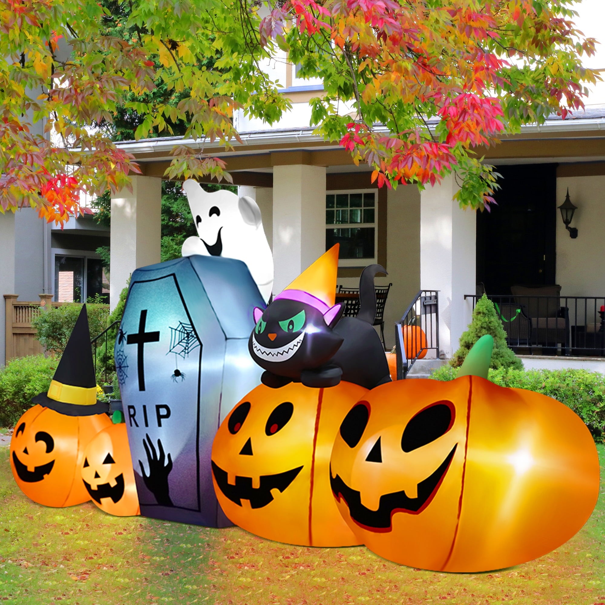 9.5Ft Halloween Inflatable Pumpkins Outdoor Decor with Black Cat Tombstone and Spectre,Built-In LED Lights,For Halloween Party,Yard,Garden,Lawn