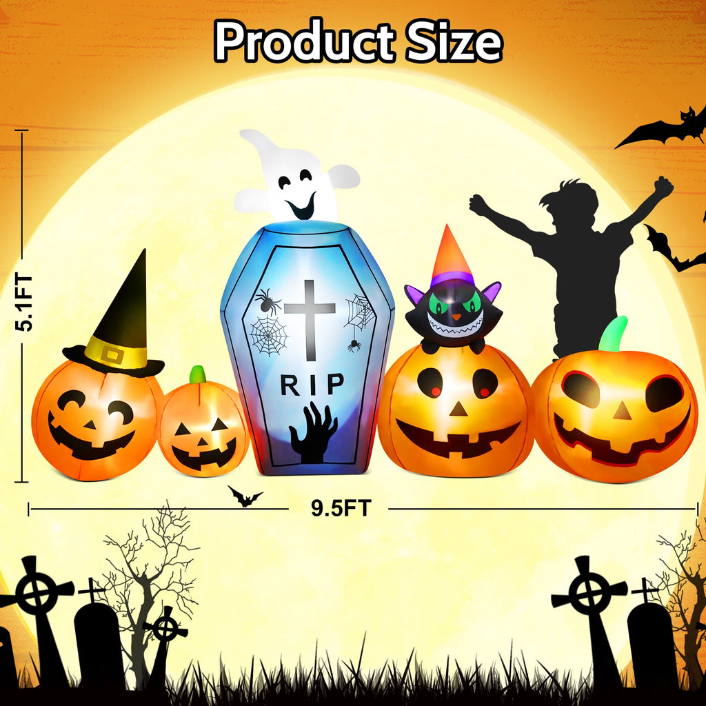 9.5Ft Halloween Inflatable Pumpkins Outdoor Decor with Black Cat Tombstone and Spectre,Built-In LED Lights,For Halloween Party,Yard,Garden,Lawn