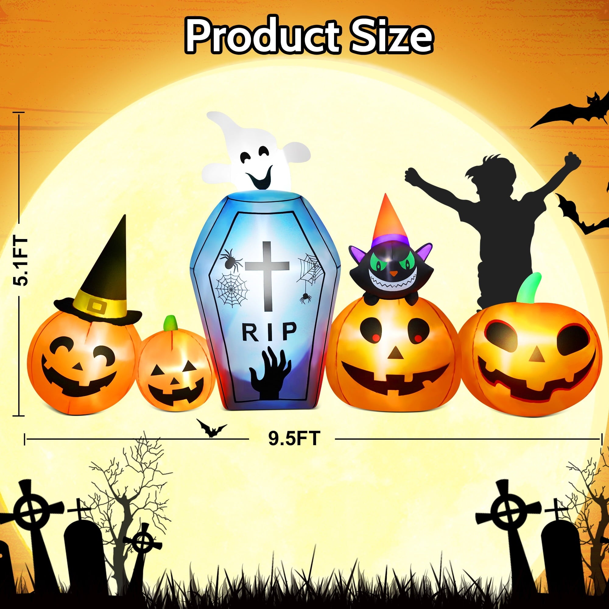 9.5Ft Halloween Inflatable Pumpkins Outdoor Decor with Black Cat Tombstone and Spectre,Built-In LED Lights,For Halloween Party,Yard,Garden,Lawn