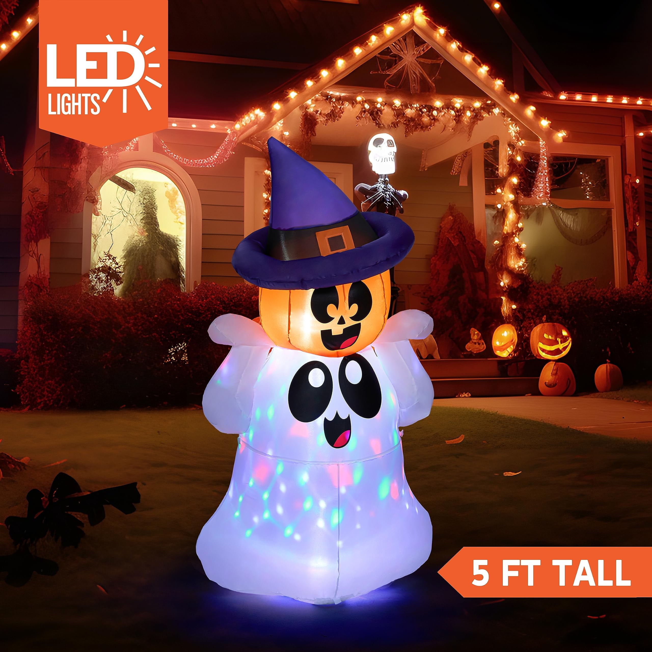 5 FT Halloween Inflatable Pumpkin Ghost with Colorful LED Lights,Halloween Blow up Cute Decor for Indoor Outdoor Holiday Yard Decoration