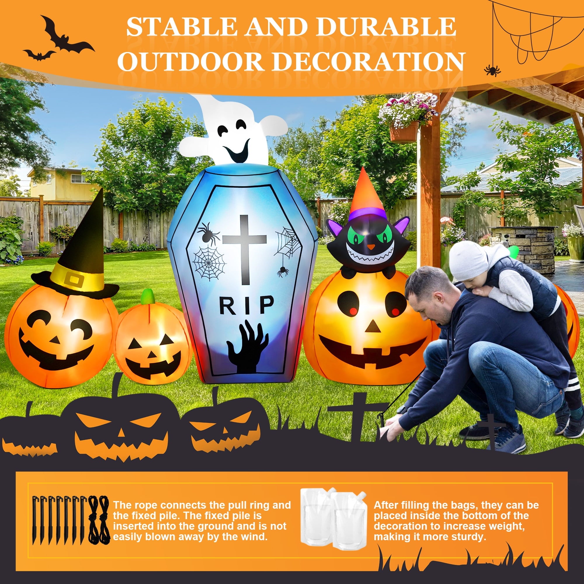 9.5Ft Halloween Inflatable Pumpkins Outdoor Decor with Black Cat Tombstone and Spectre,Built-In LED Lights,For Halloween Party,Yard,Garden,Lawn
