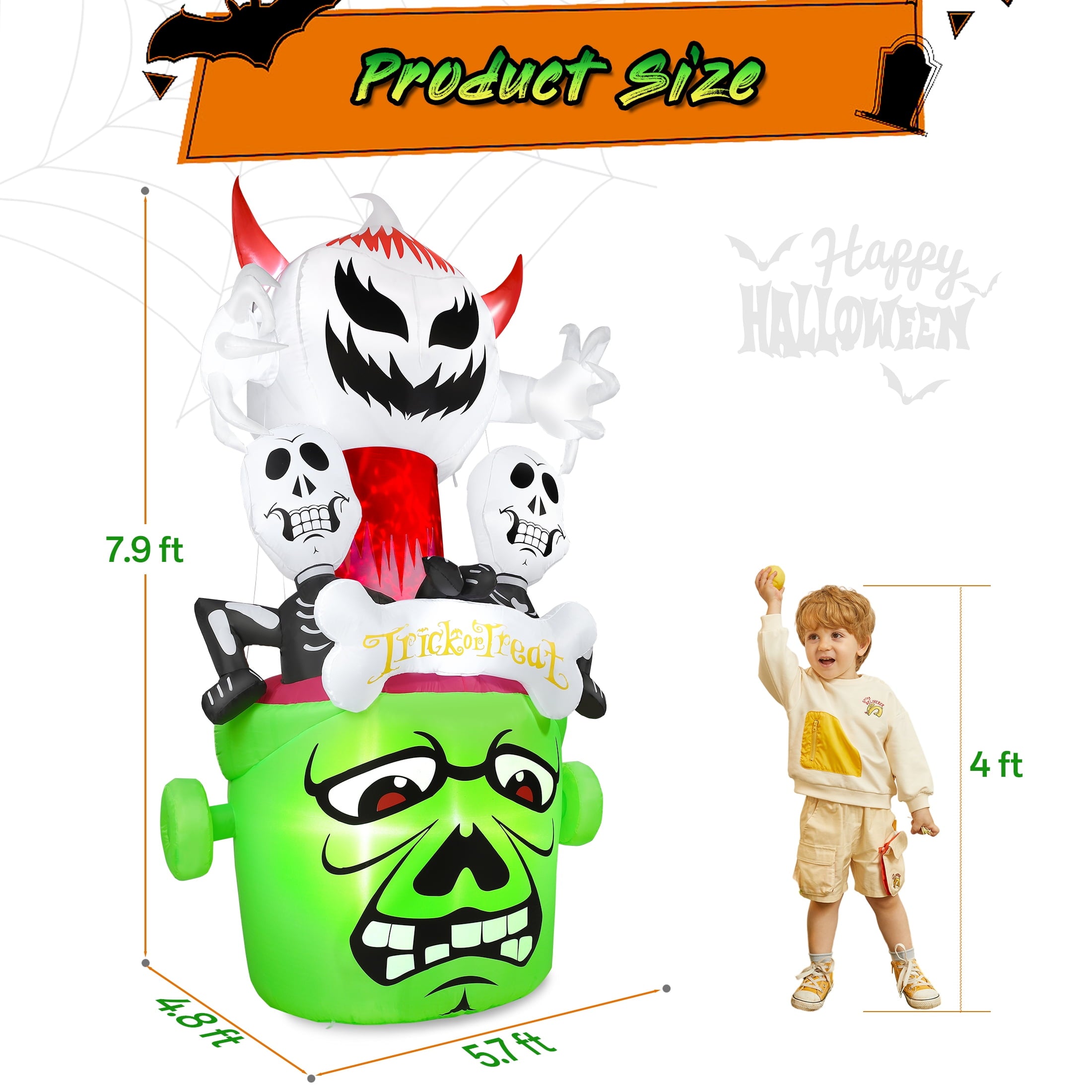 8Ft Halloween Inflatable,Ghost Skeleton with Lights Halloween Decoration Outdoor