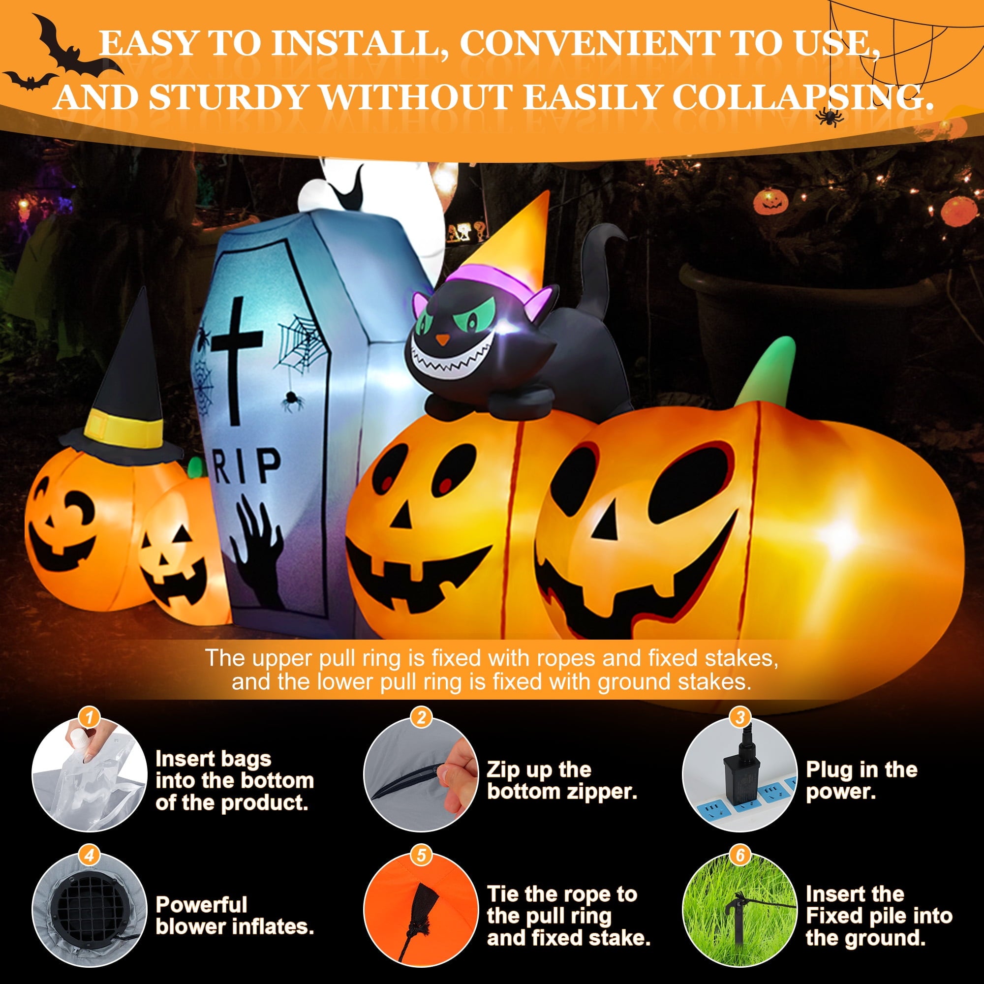 9.5Ft Halloween Inflatable Pumpkins Outdoor Decor with Black Cat Tombstone and Spectre,Built-In LED Lights,For Halloween Party,Yard,Garden,Lawn